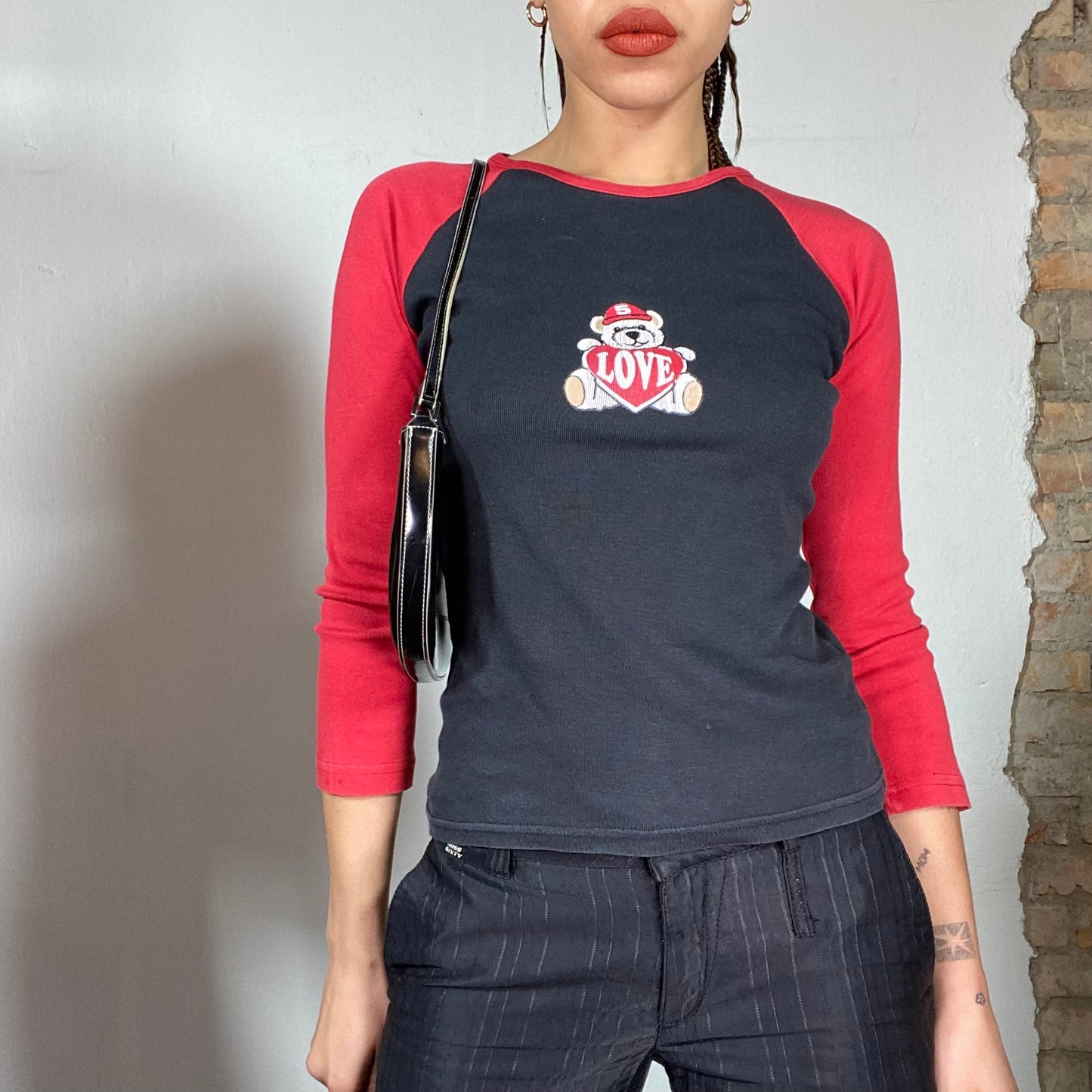 Vintage 90's Skater Black and Red Longsleeve with Teddy and 'Love' Print (S)