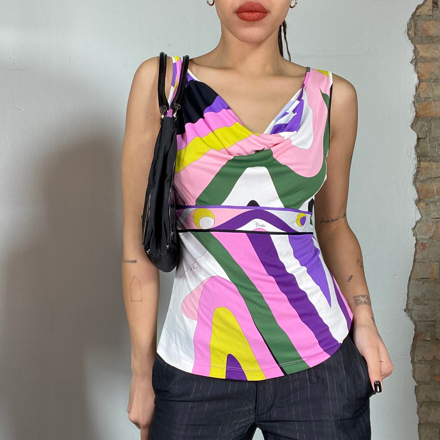 Vintage 90's Emilio Pucci White Pink and Purple Top with Waterfall Neckline (S)