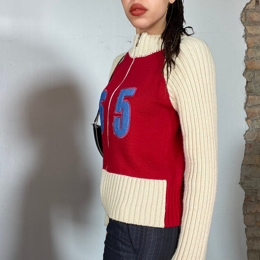 Vintage 90's Dad Beige and Red Ribbed Knit Zip Up Sweater with '65' Print (S)