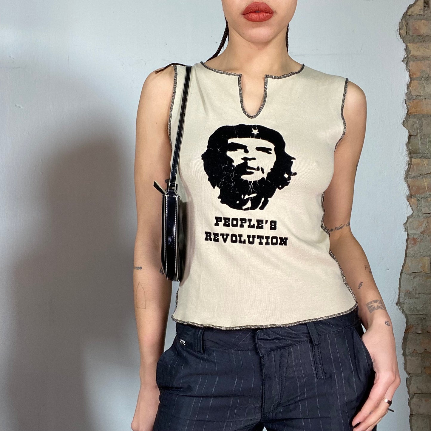 Vintage 90's Downtown Girl Beige Tank Top with 'People's Revolution' Print (S/M)