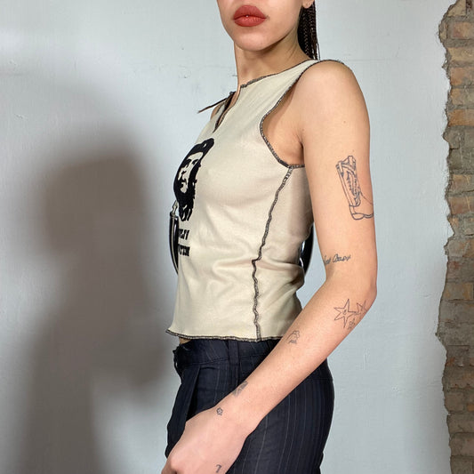 Vintage 90's Downtown Girl Beige Tank Top with 'People's Revolution' Print (S/M)