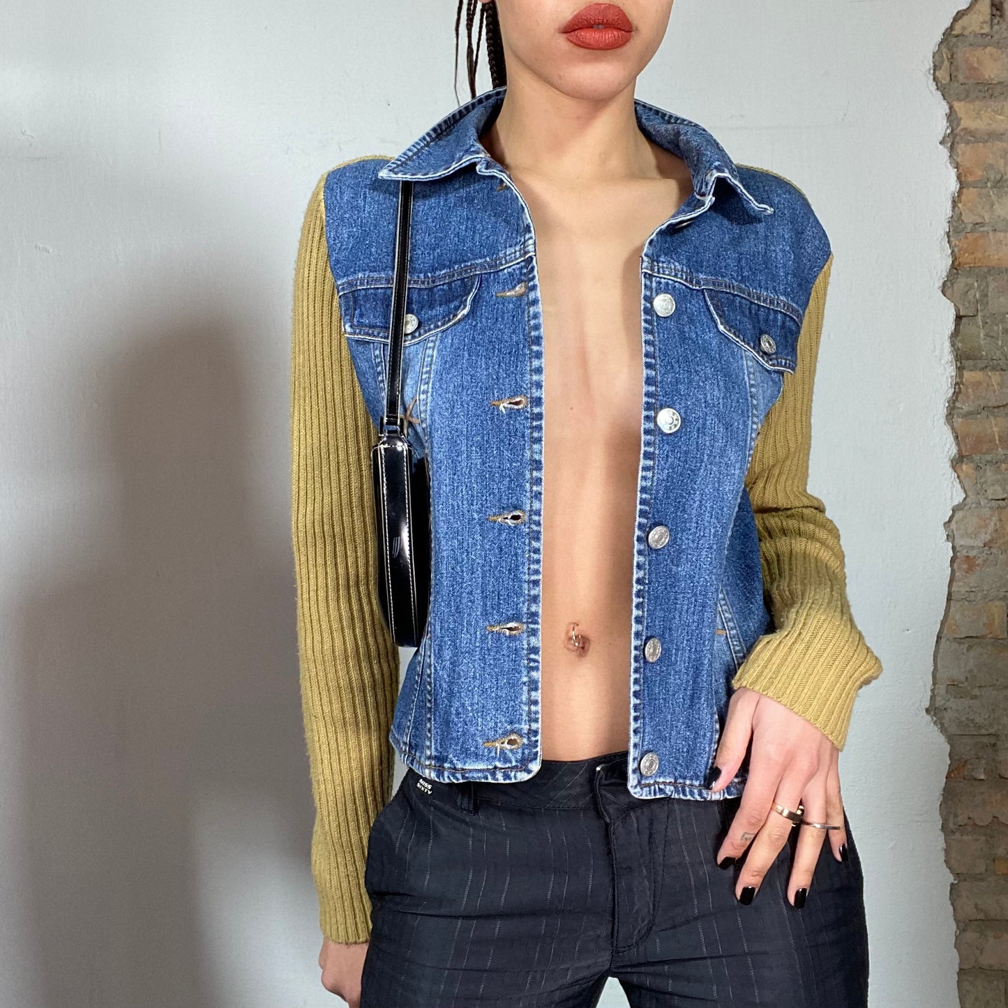 Vintage 90's Denim and Brown Knit Light Jacket (S/M)