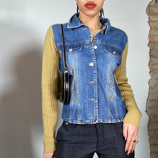 Vintage 90's Denim and Brown Knit Light Jacket (S/M)