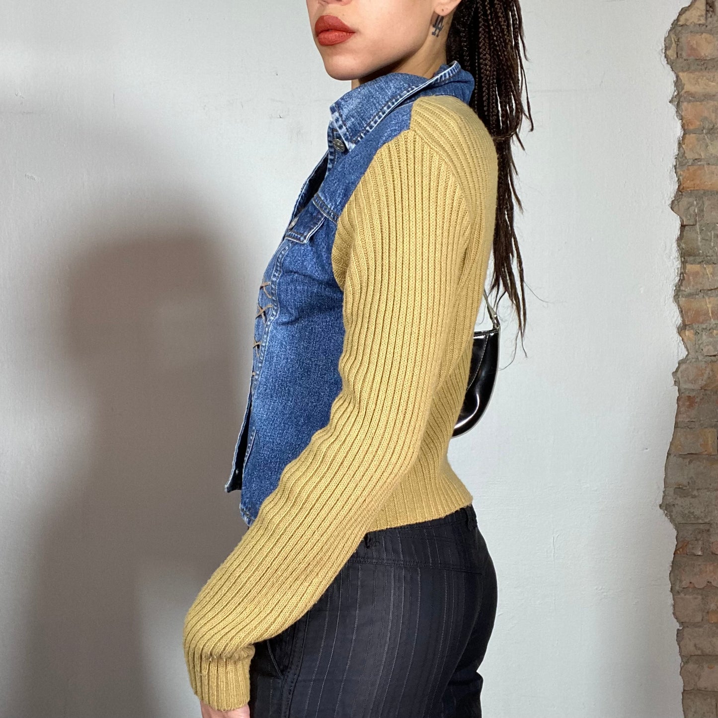 Vintage 90's Denim and Brown Knit Light Jacket (S/M)