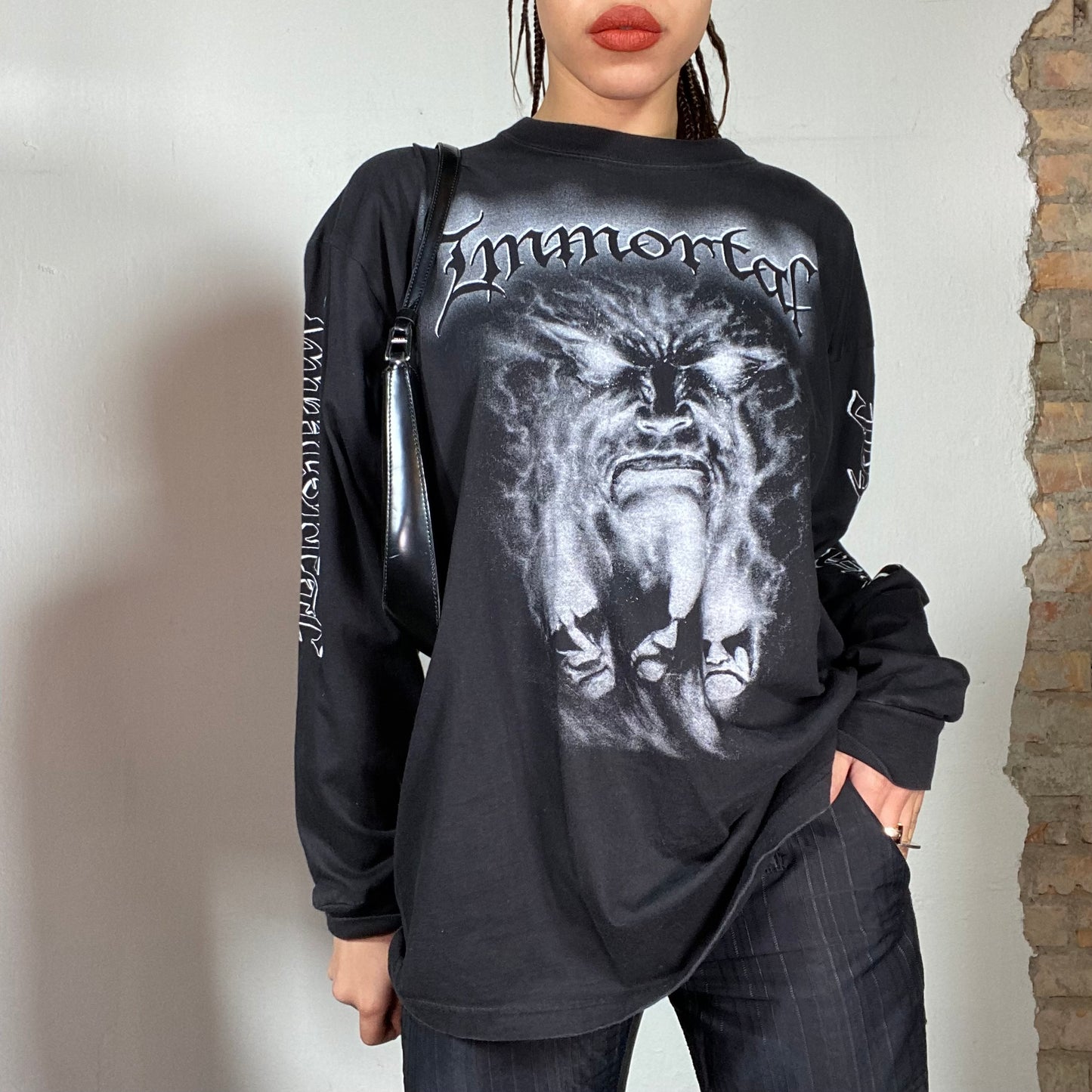 Vintage 90's Gothic Black Longsleeve with Goth Writing Print (Front, Back, Sleeves) (XL)