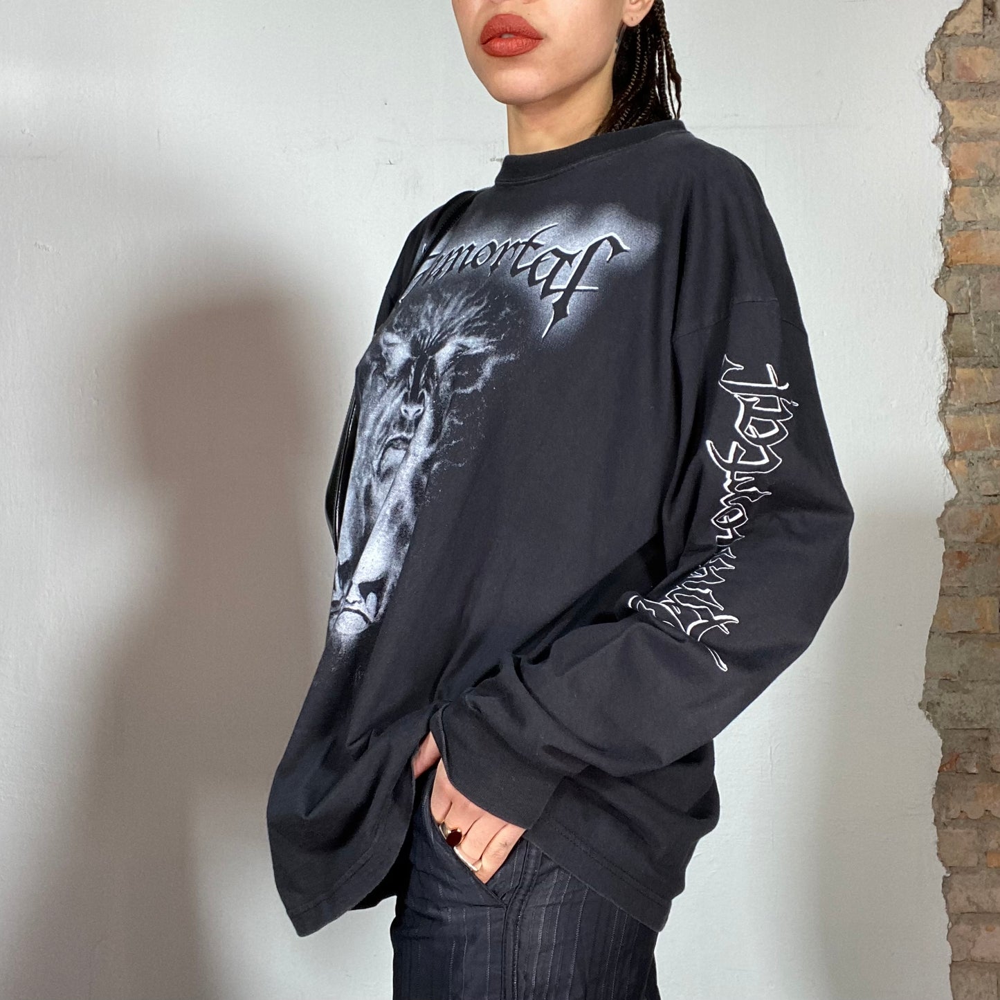 Vintage 90's Gothic Black Longsleeve with Goth Writing Print (Front, Back, Sleeves) (XL)