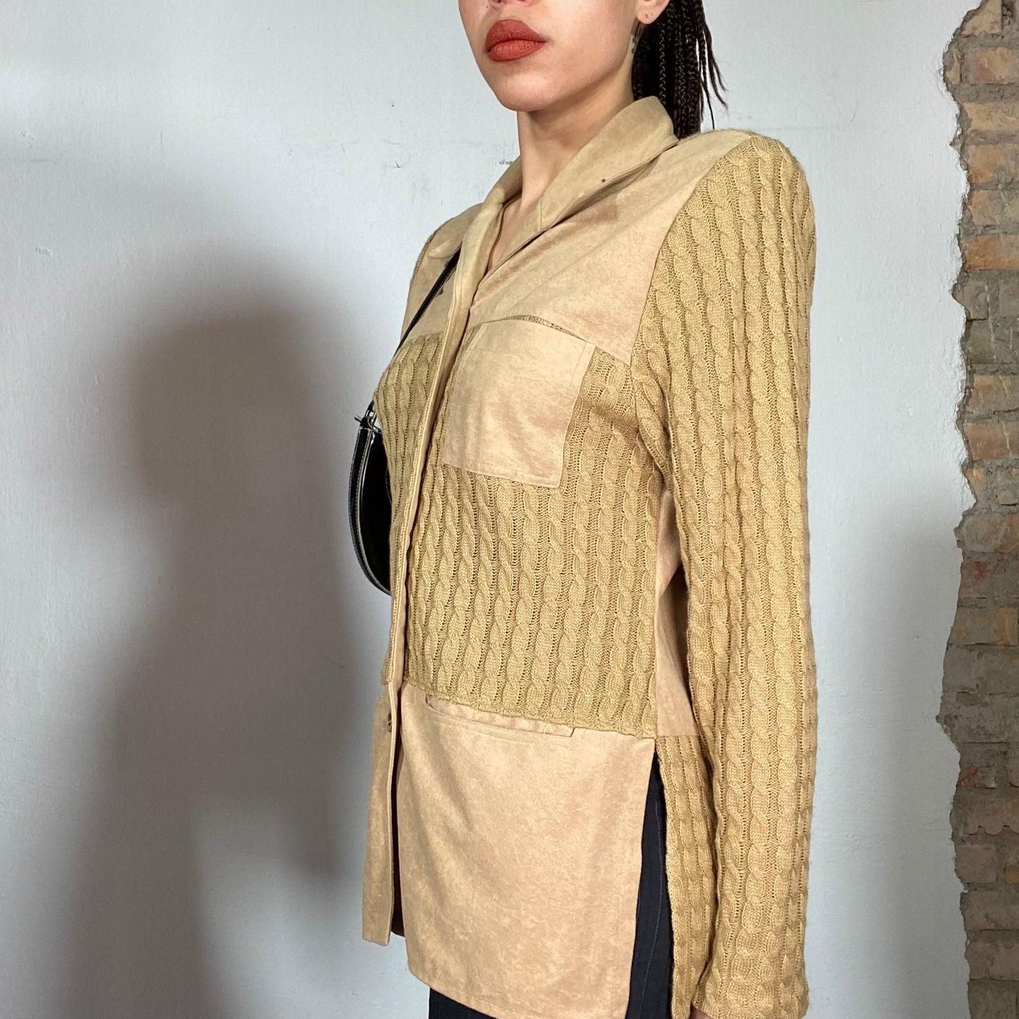 Vintage 90's Brown Button Up with Knit Sleeves and Waist Part