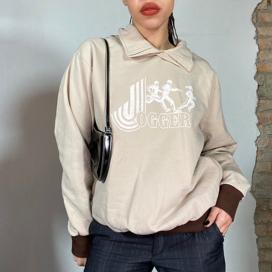 Vintage 90's Sporty Beige Sweatshirt with 'Jogger' Print and brown Trim (M/L)