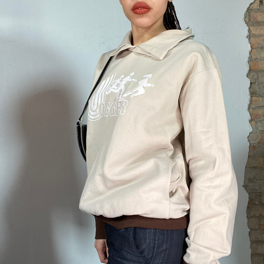 Vintage 90's Sporty Beige Sweatshirt with 'Jogger' Print and brown Trim (M/L)