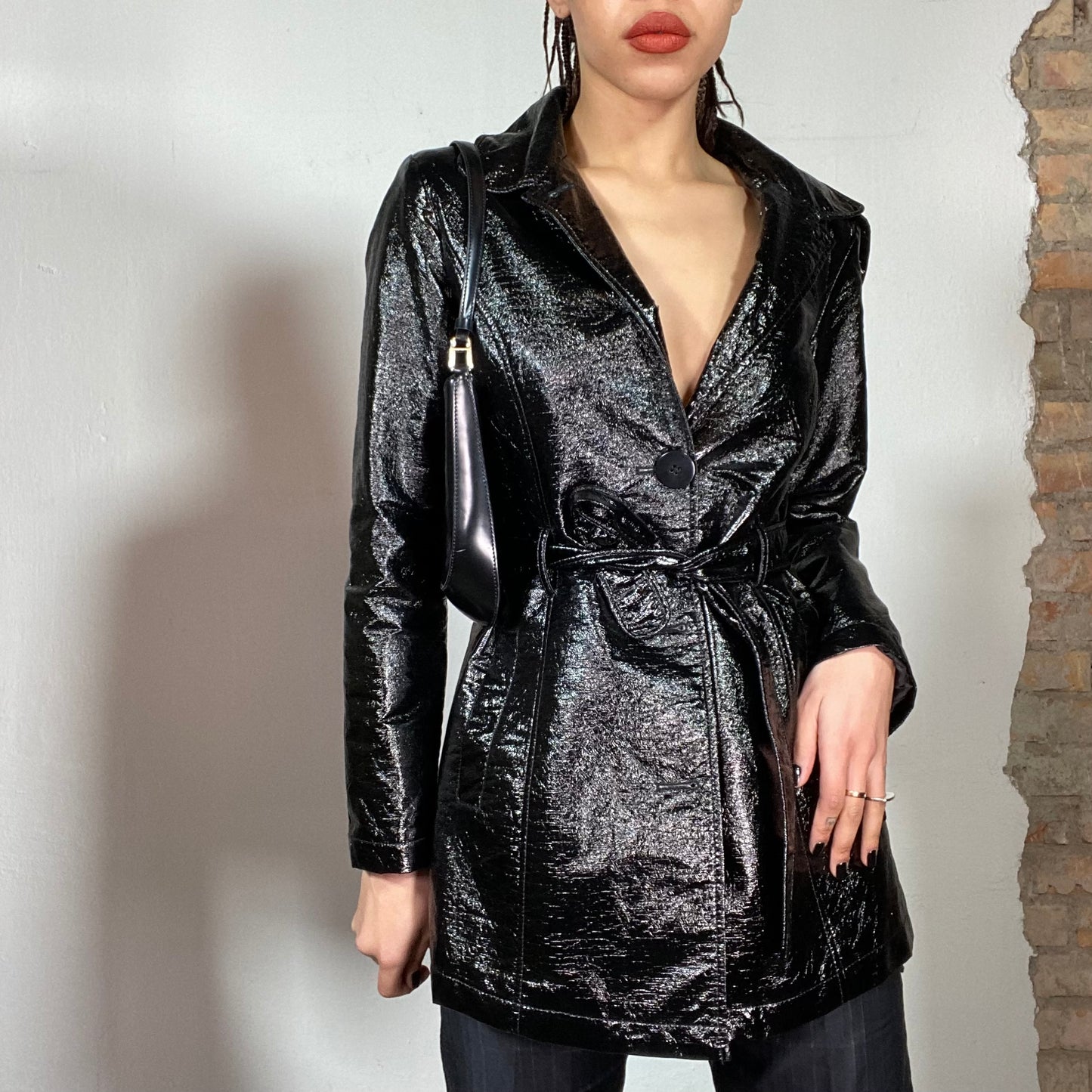 Vintage 90's Model Off Duty Black Glossy Faux Leather Coat with Belt (S)