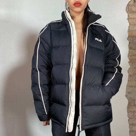 Vintage 90's Archive Fila Black Puffer Jacket with White Zipper (M)