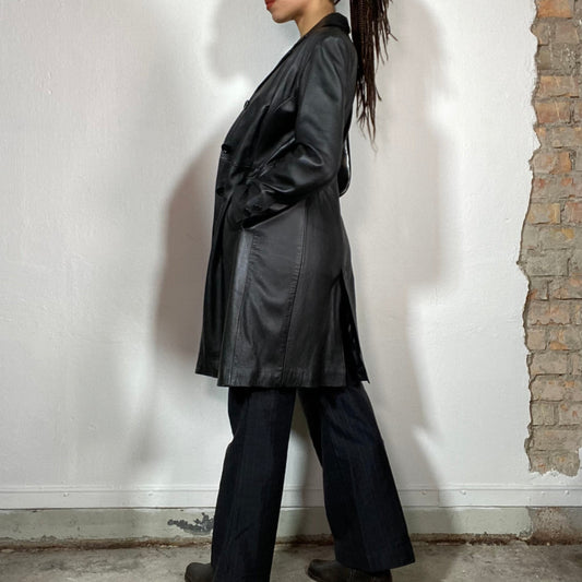 Vintage 90's Model Off Duty Black Midi Leather Coat (S)