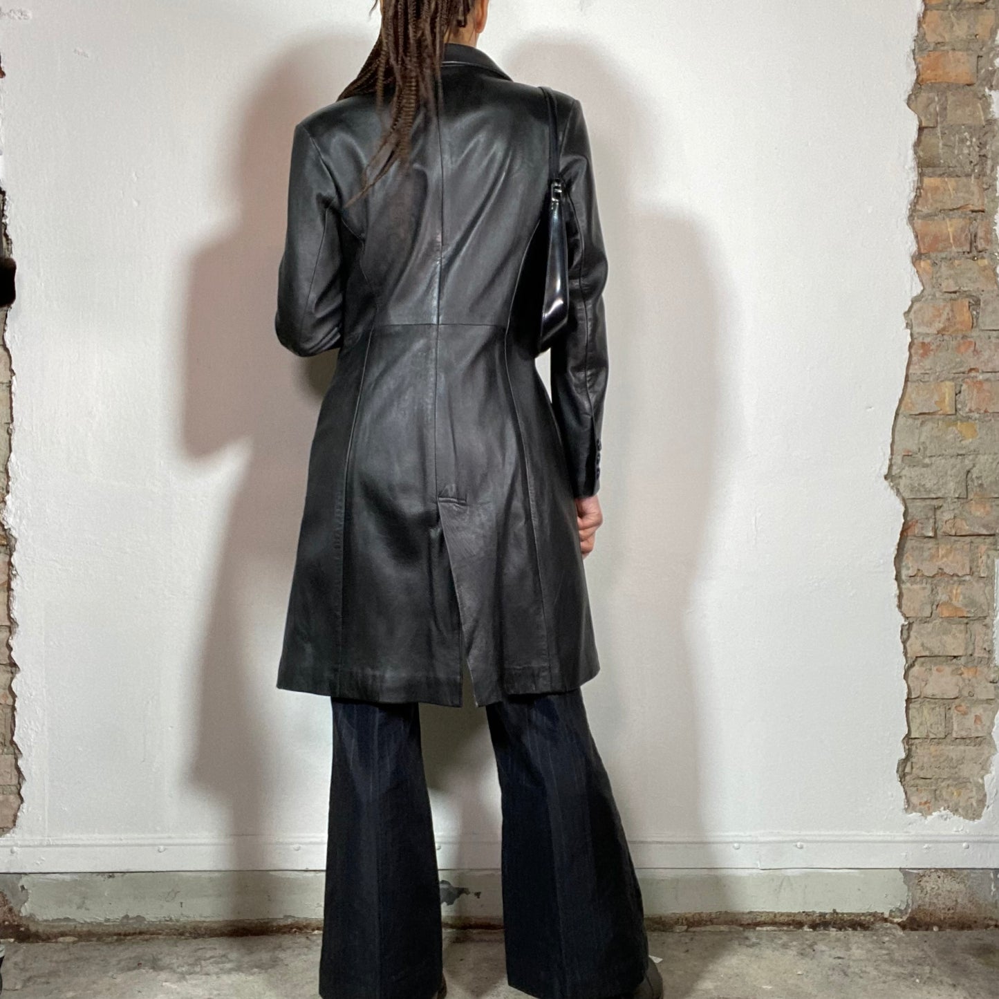 Vintage 90's Model Off Duty Black Midi Leather Coat (S)