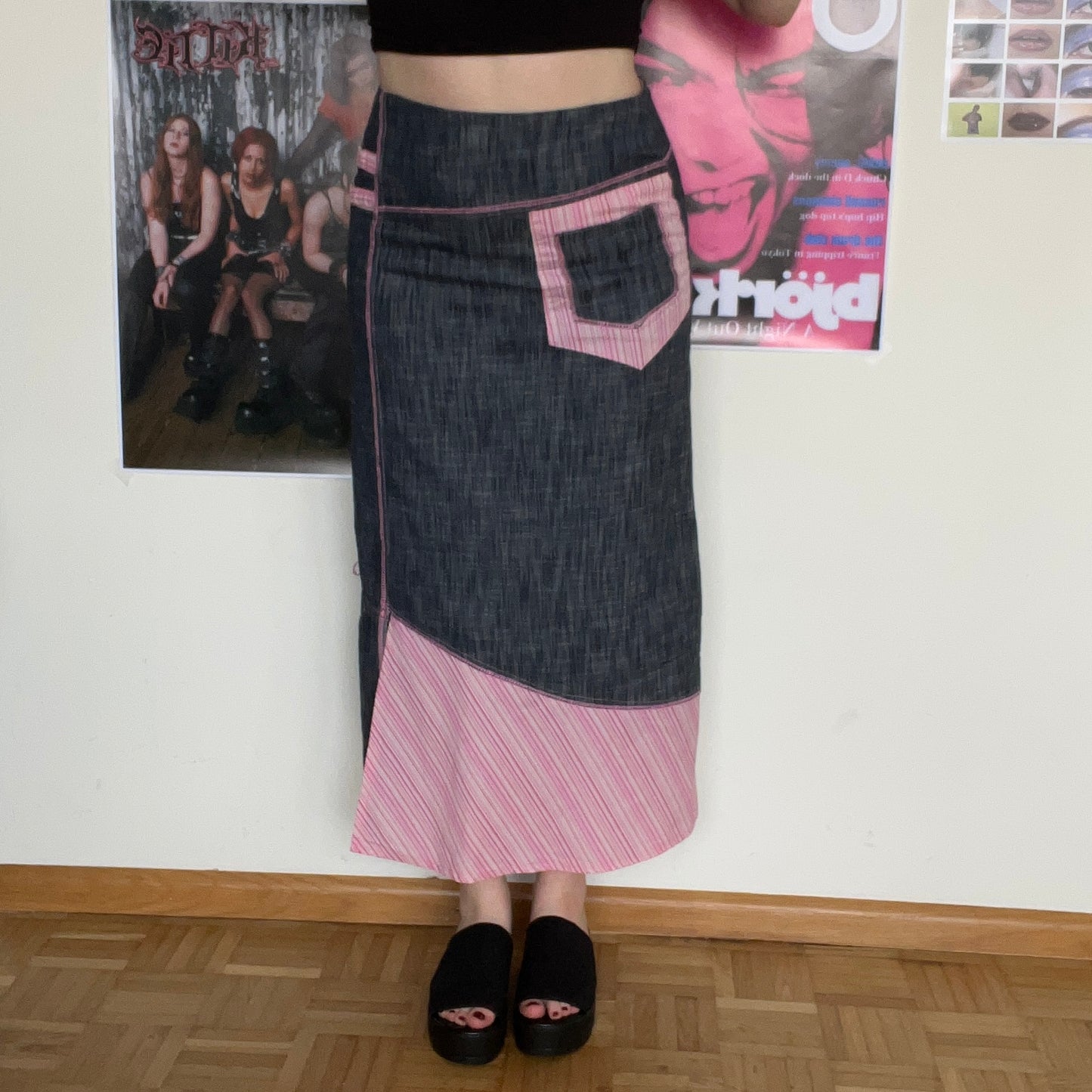 Vintage Y2K UNIF Style Denim Maxi Skirt with Pink Patchwork Details (38 EU / UK 10 / US 6)