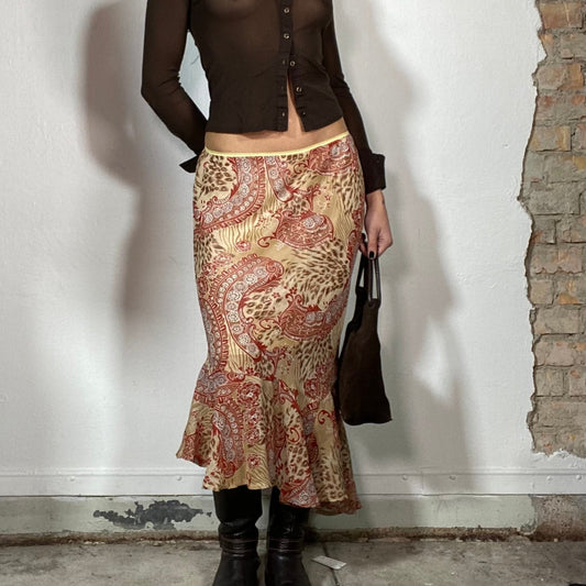 Vintage 90's Fairy Beige and Red Paisley Midi Skirt with Ruffled Hem (S/M)