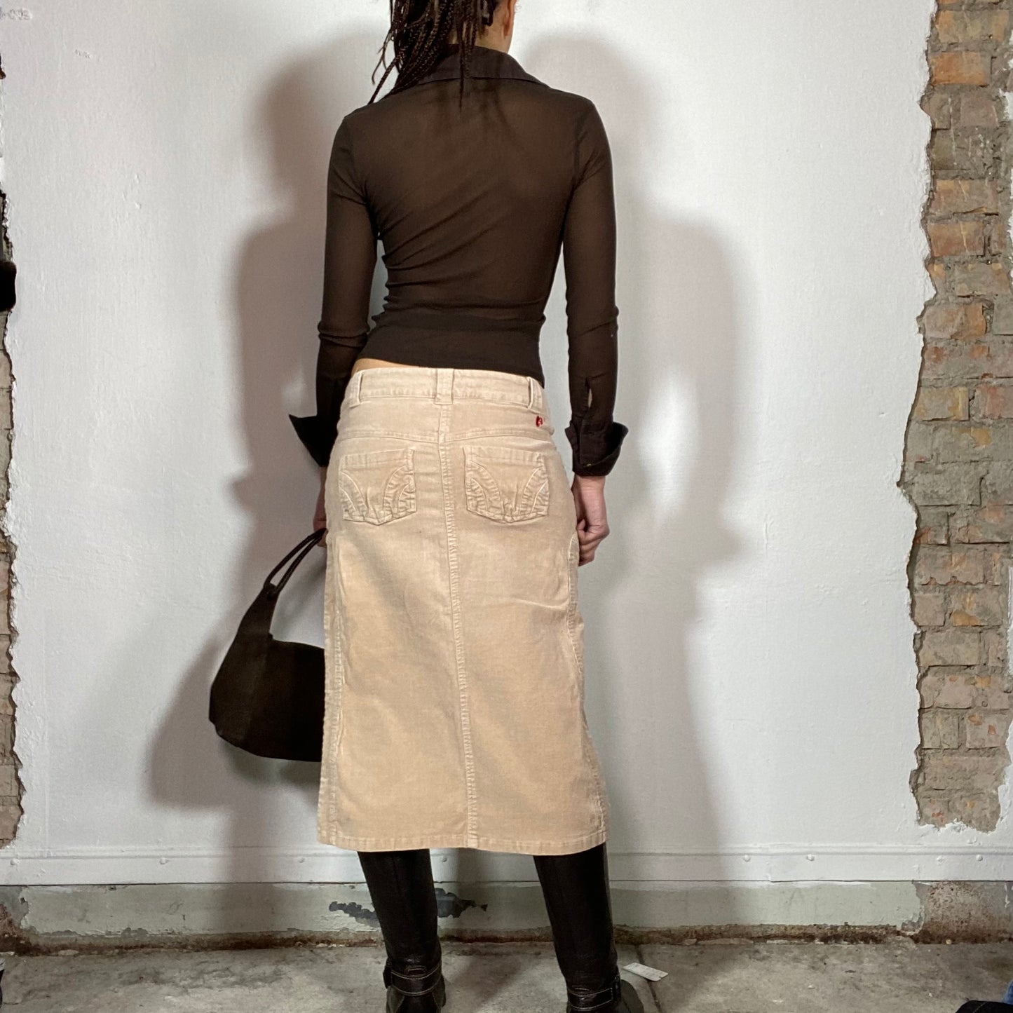 Vintage 90's Downtown Girl Beige Cord Midi Skirt (S/M)