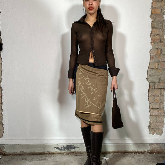 Vintage 90's Archive Cop Copine Kahki and Black Midi Skirt with Writing Print (S/M)