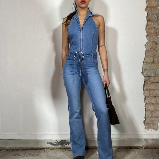 Vintage 90's Model Off Duty Denim Halter Neck Overall with Big Belt (XS/S)