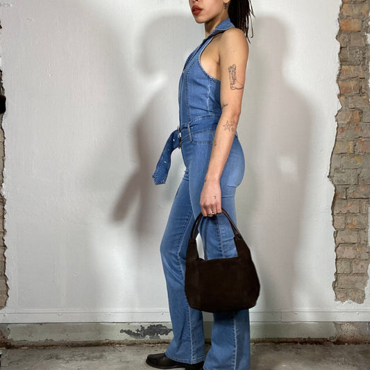 Vintage 90's Model Off Duty Denim Halter Neck Overall with Big Belt (XS/S)