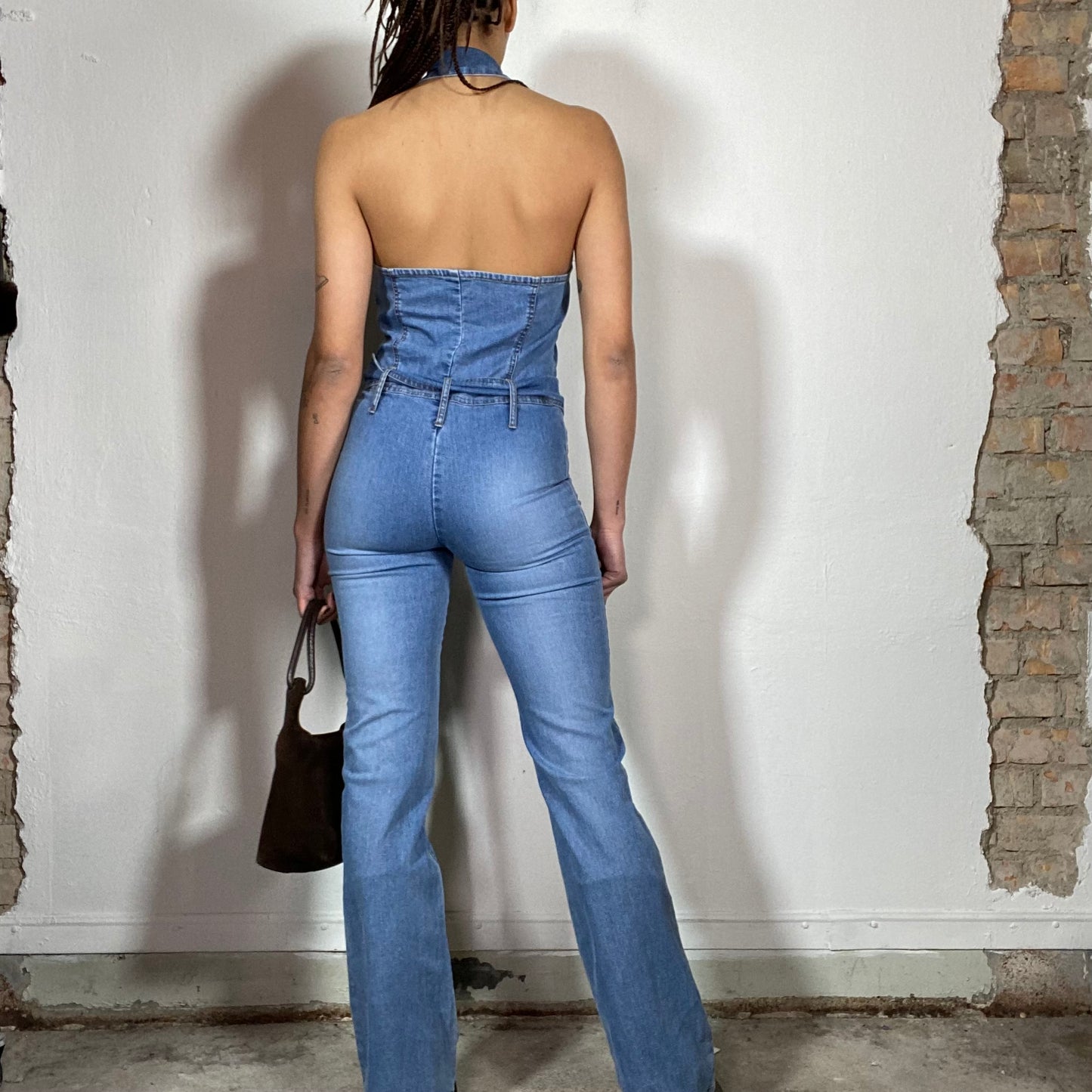 Vintage 90's Model Off Duty Denim Halter Neck Overall with Big Belt (XS/S)