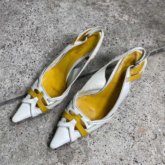 Vintage 2000's Archive Prada White and Yellow Pointed Kitten Heels (Size 39)