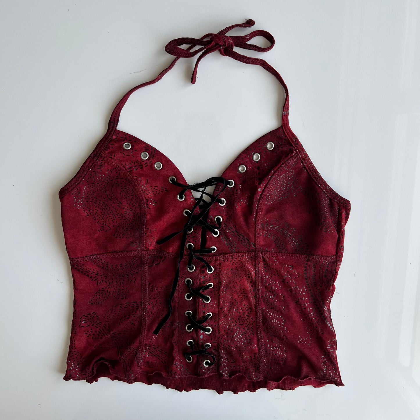 Vintage 90's Rockstar Bordeaux Paisley Lace-up Halter Top (XS/S)