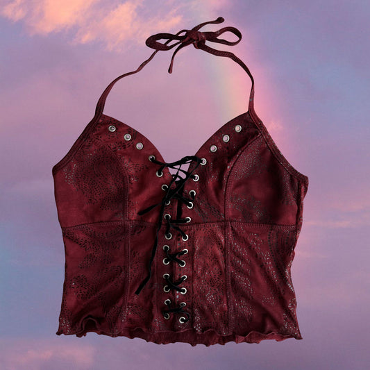 Vintage 90's Rockstar Bordeaux Paisley Lace-up Halter Top (XS/S)