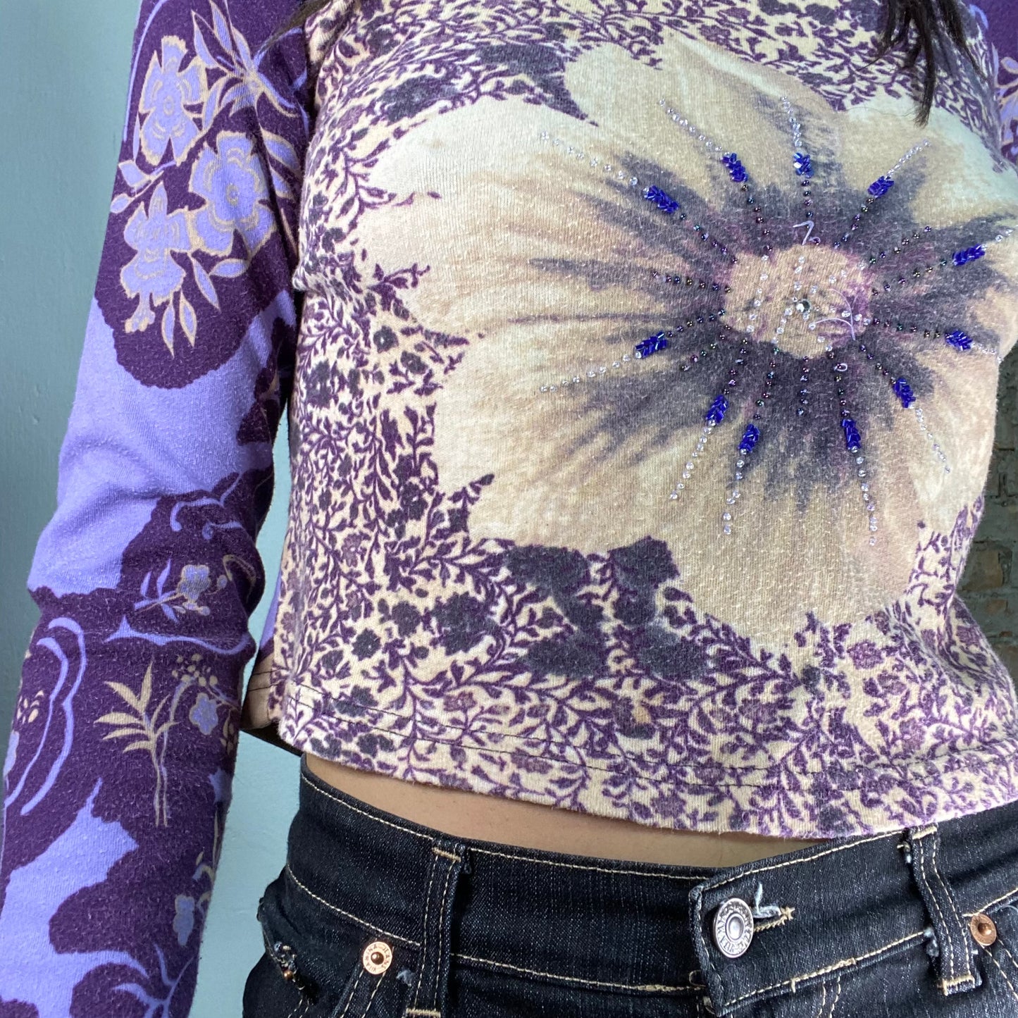 Vintage 2000's Funky Purple Floral Longsleeve with Big Flower Print (S)