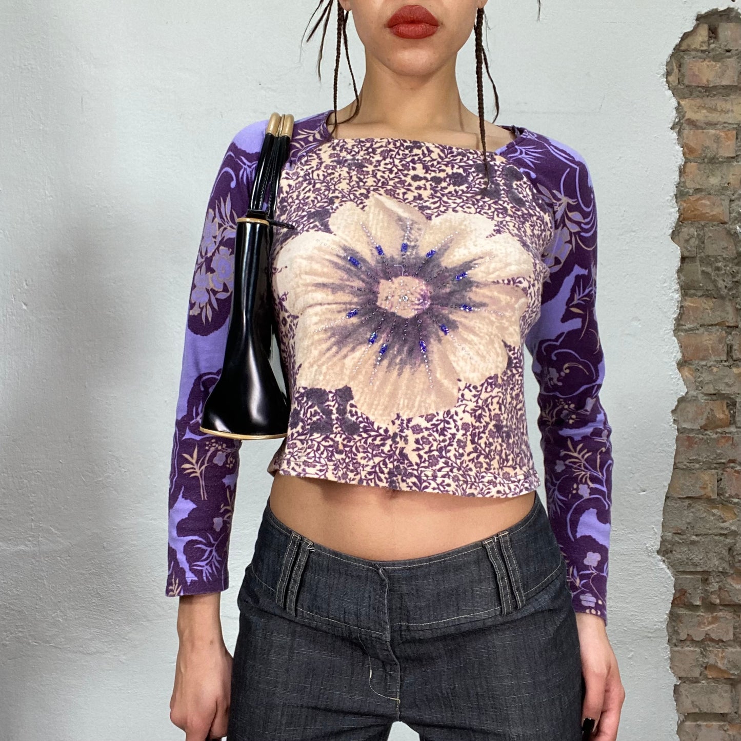 Vintage 2000's Funky Purple Floral Longsleeve with Big Flower Print (S)