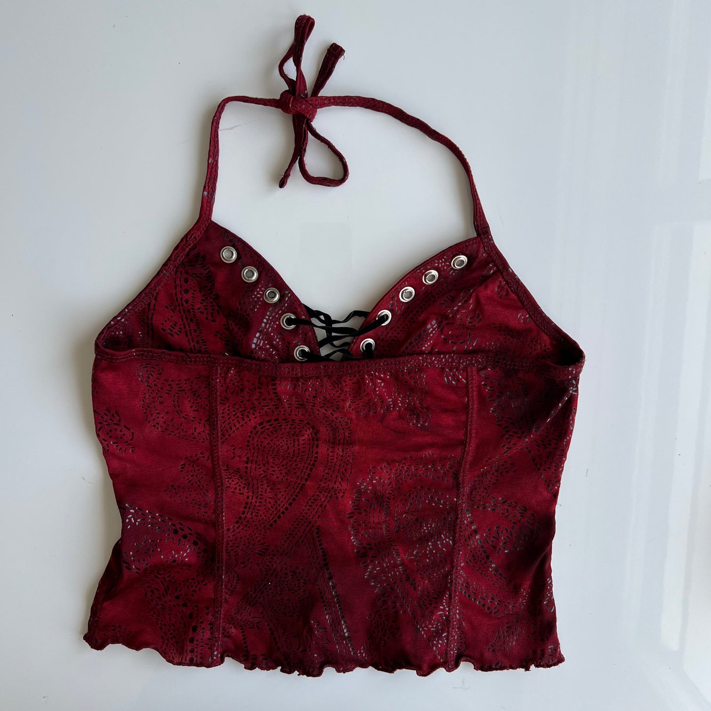 Vintage 90's Rockstar Bordeaux Paisley Lace-up Halter Top (XS/S)