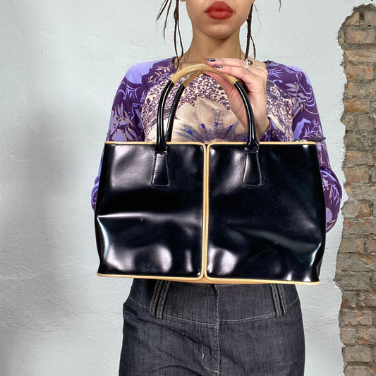 Vintage 2000's Classy Black Glossy Faux Leather Bag with Beige Details