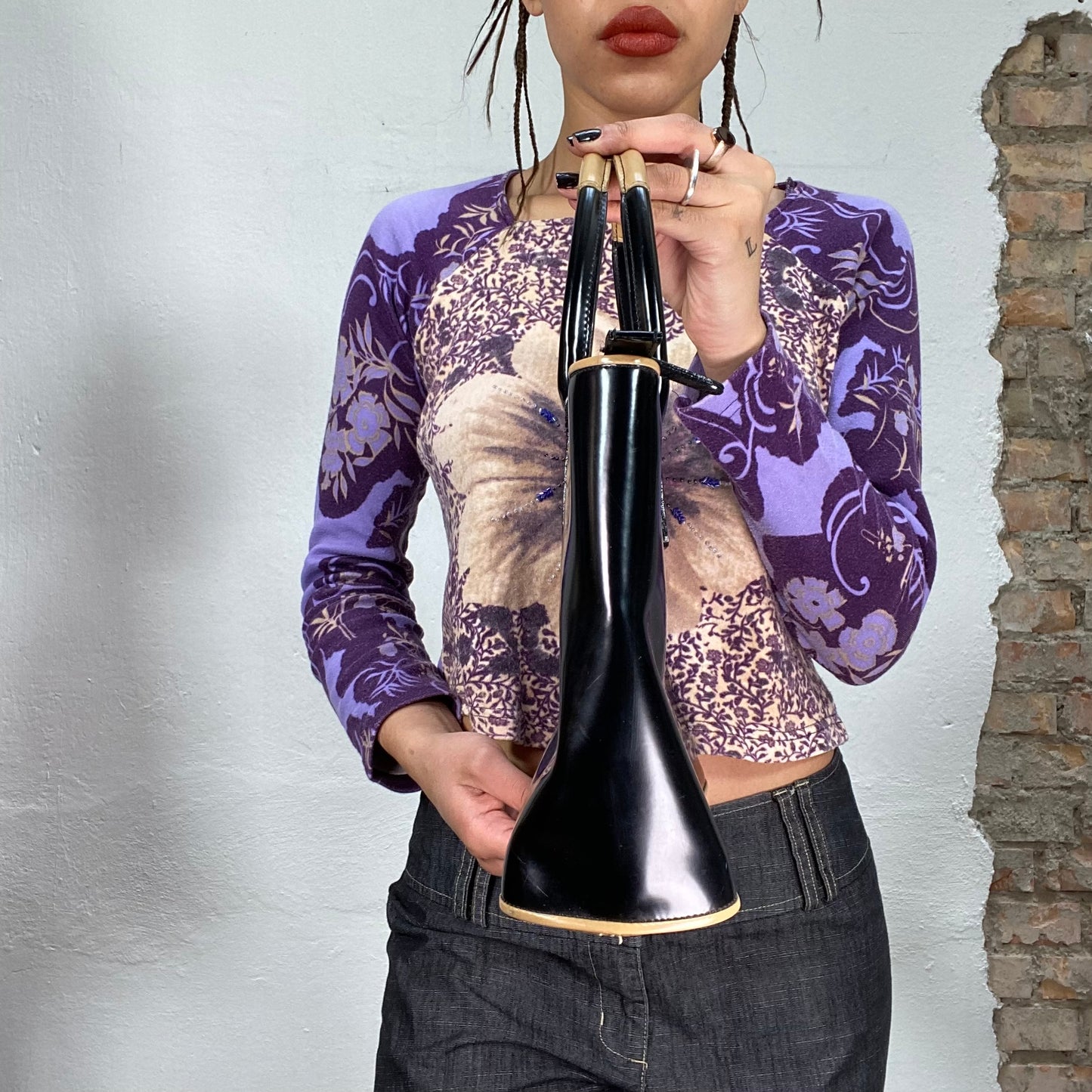 Vintage 2000's Classy Black Glossy Faux Leather Bag with Beige Details