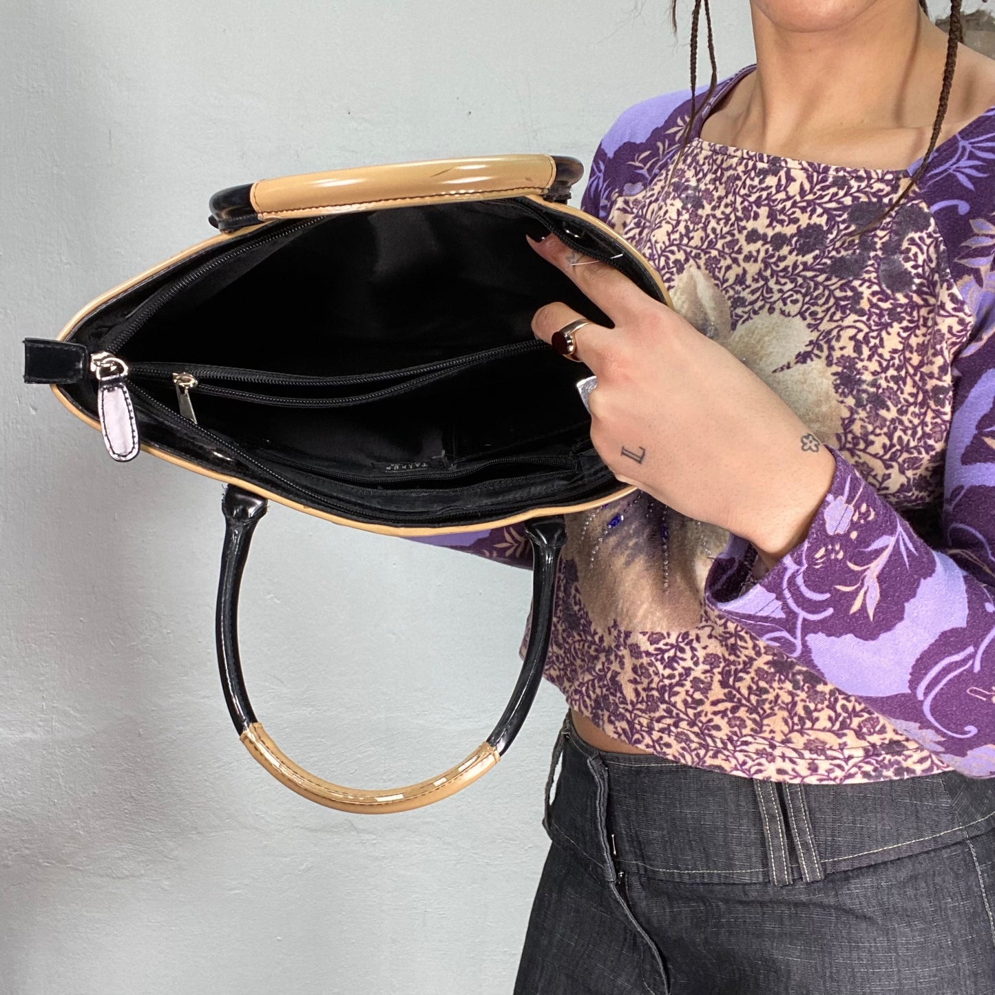 Vintage 2000's Classy Black Glossy Faux Leather Bag with Beige Details