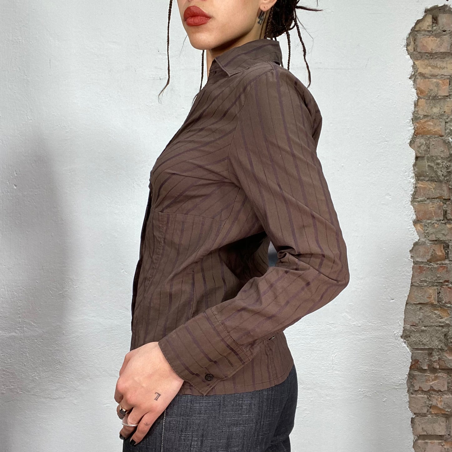 Vintage 2000's Brown Button up Blouse with Purple Pinstripes (S)