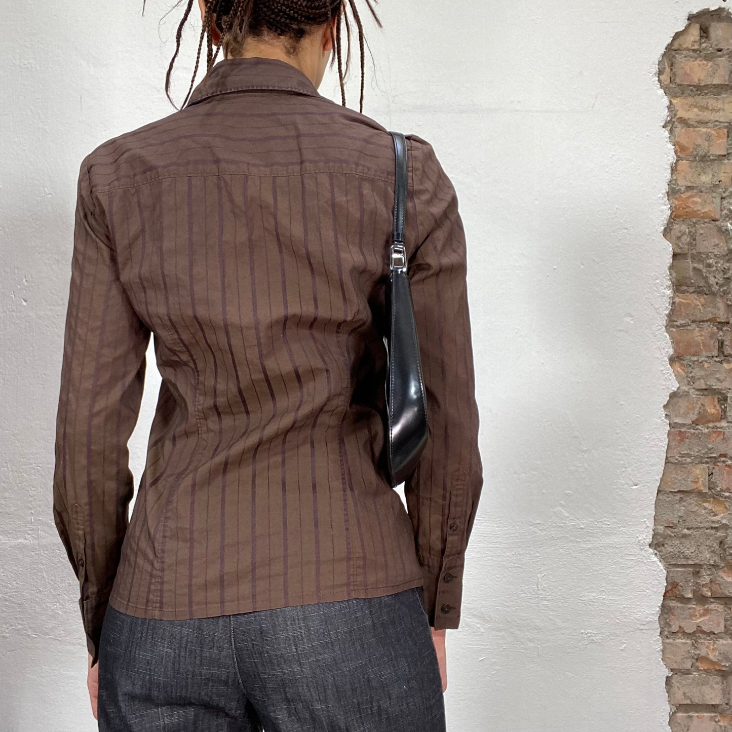 Vintage 2000's Brown Button up Blouse with Purple Pinstripes (S)