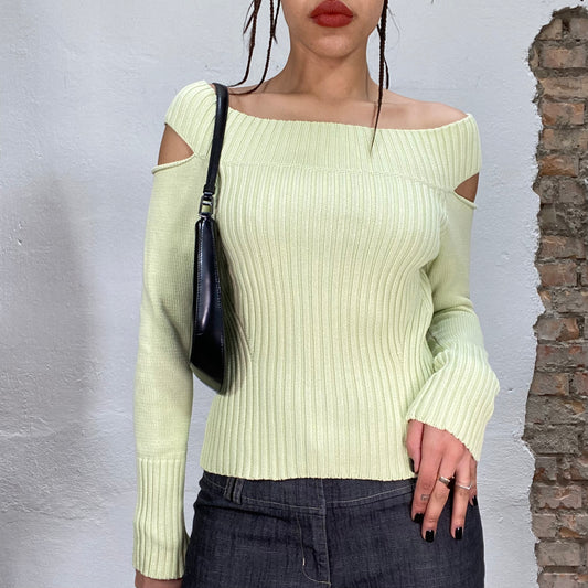 Vintage 90's Fairy Mint Green Ribbed Knit Off Shoulder Sweater (S)