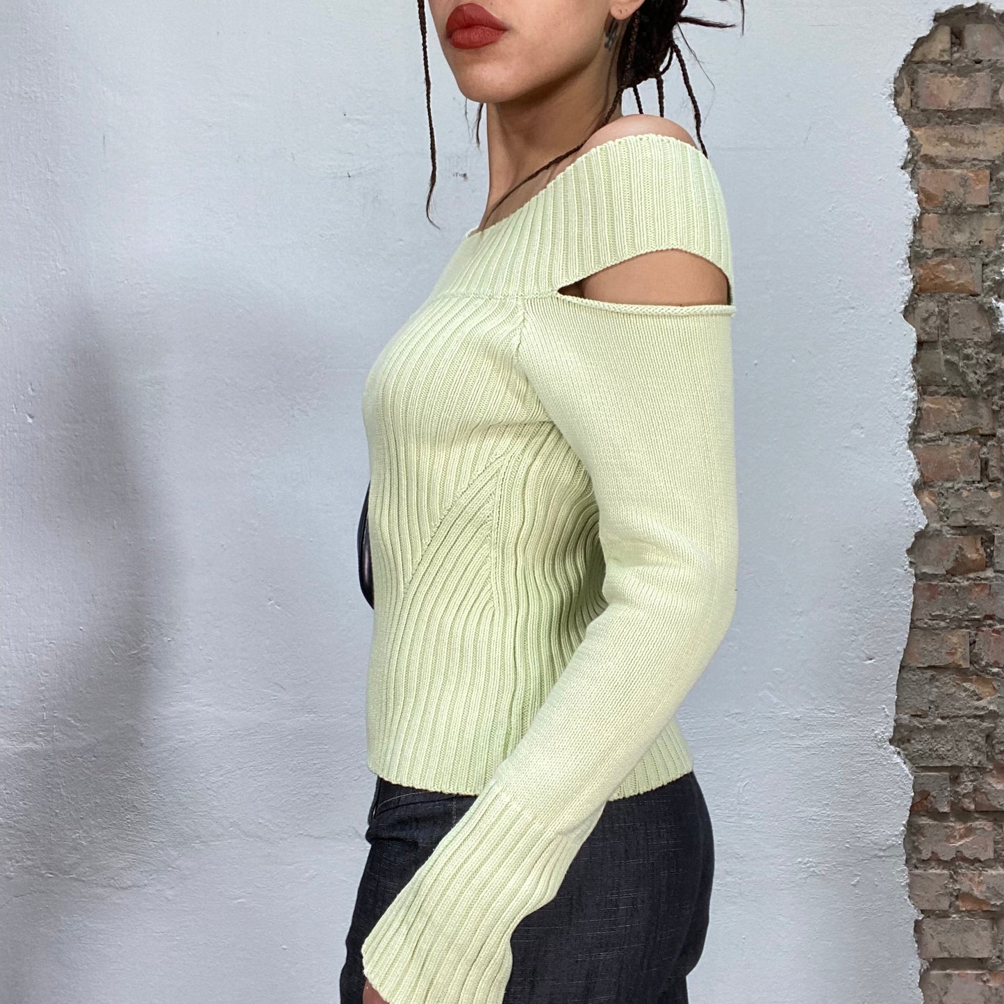 Vintage 90's Fairy Mint Green Ribbed Knit Off Shoulder Sweater (S)