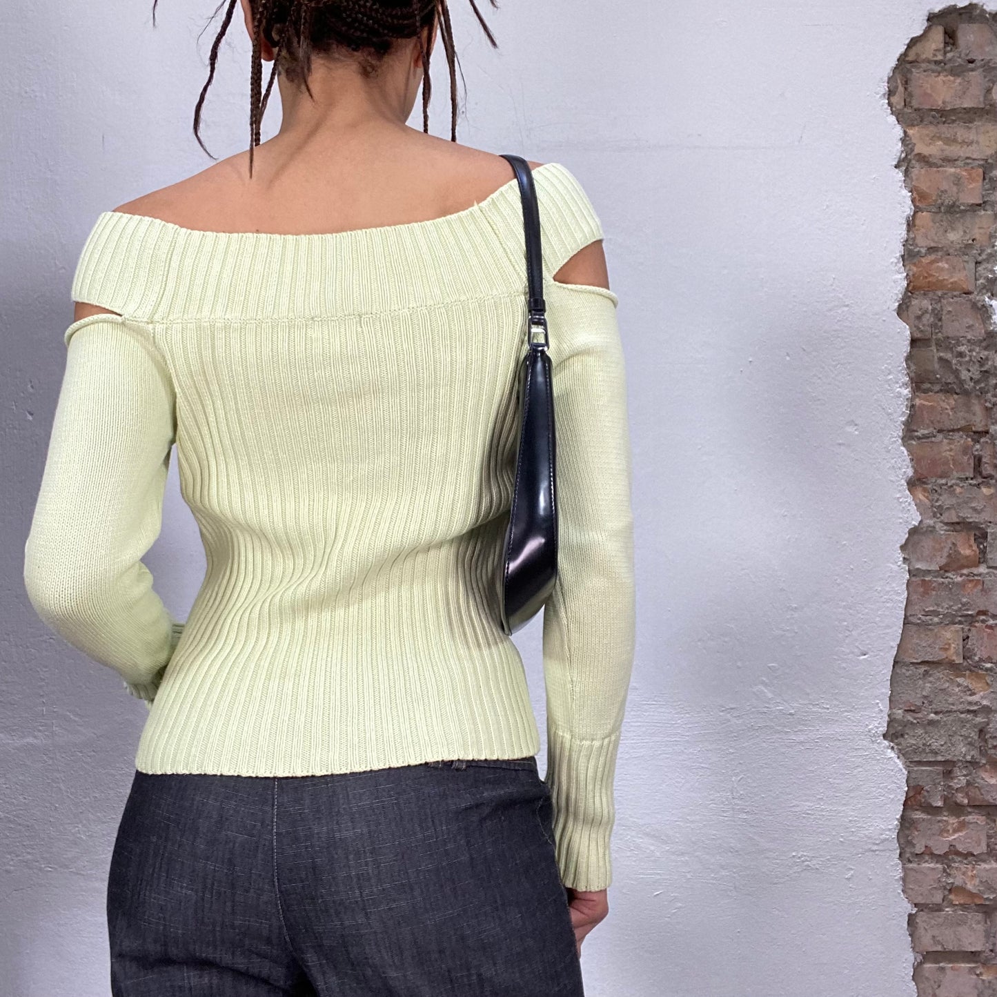 Vintage 90's Fairy Mint Green Ribbed Knit Off Shoulder Sweater (S)