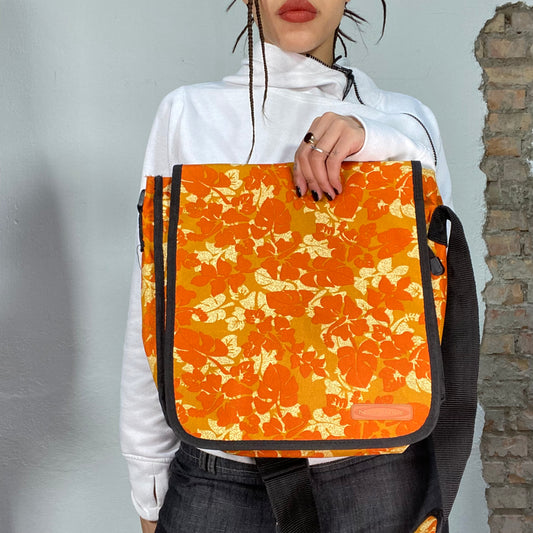 Vintage 2000's Surfer Orange Crossbody Messenger Bag with Hibiscus Print