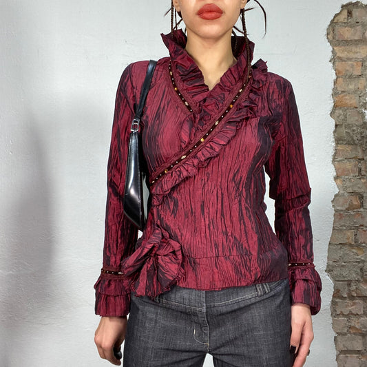 Vintage 2000's Witchy Bordeaux Red Iridescent Wrinkly Blouse with Ruffle Details (S)