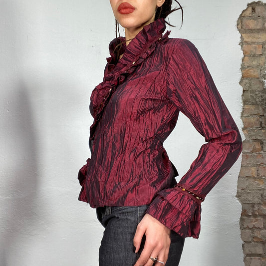 Vintage 2000's Witchy Bordeaux Red Iridescent Wrinkly Blouse with Ruffle Details (S)