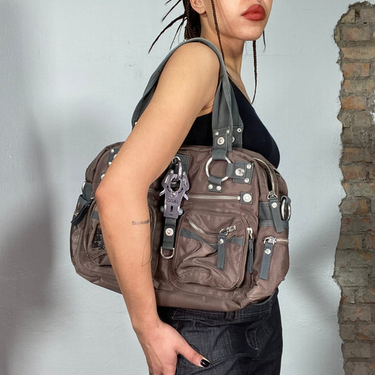 Vintage 2000's George Gina & Lucy Brown Bowling Bag with Grey Straps and Details