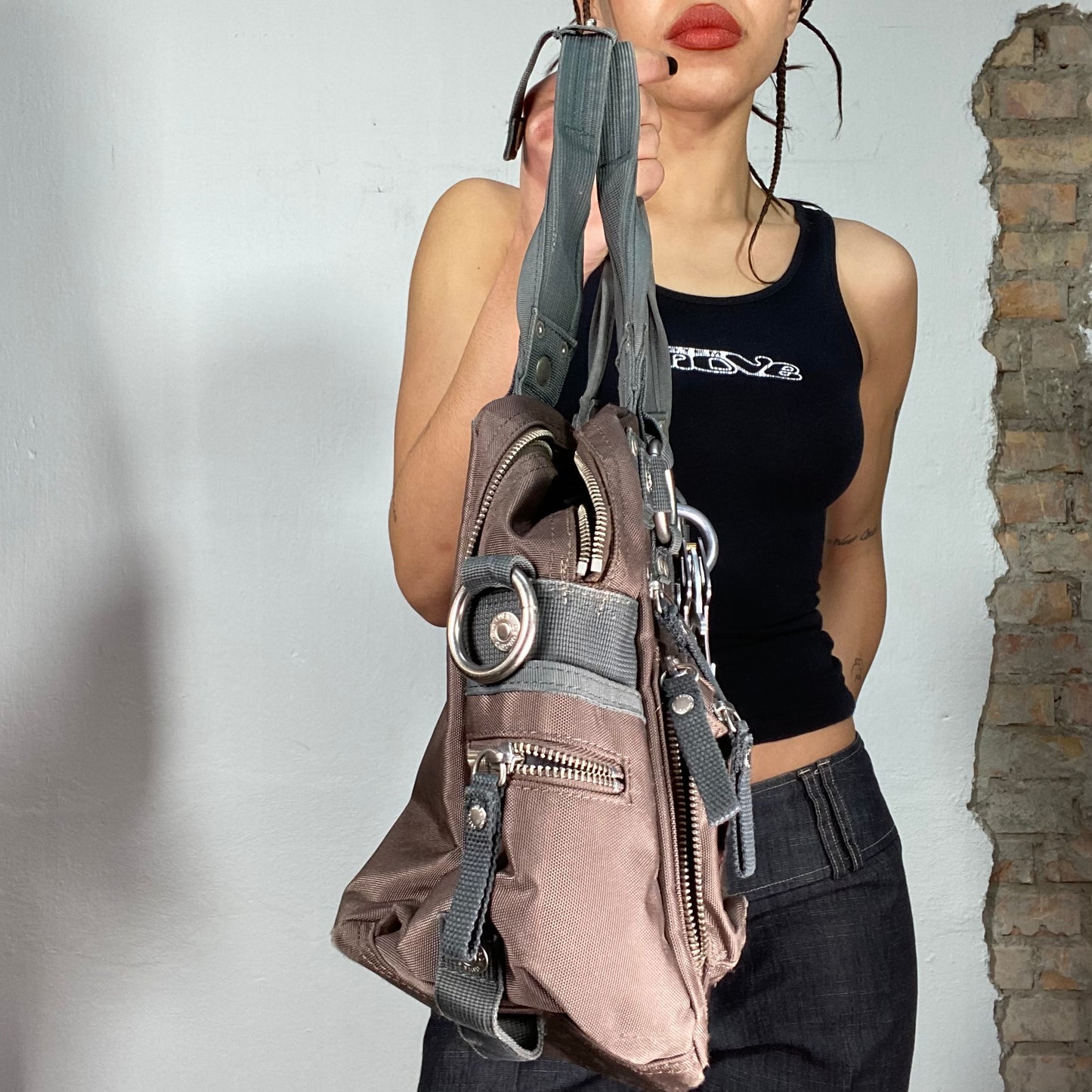 Vintage 2000's George Gina & Lucy Brown Bowling Bag with Grey Straps and Details