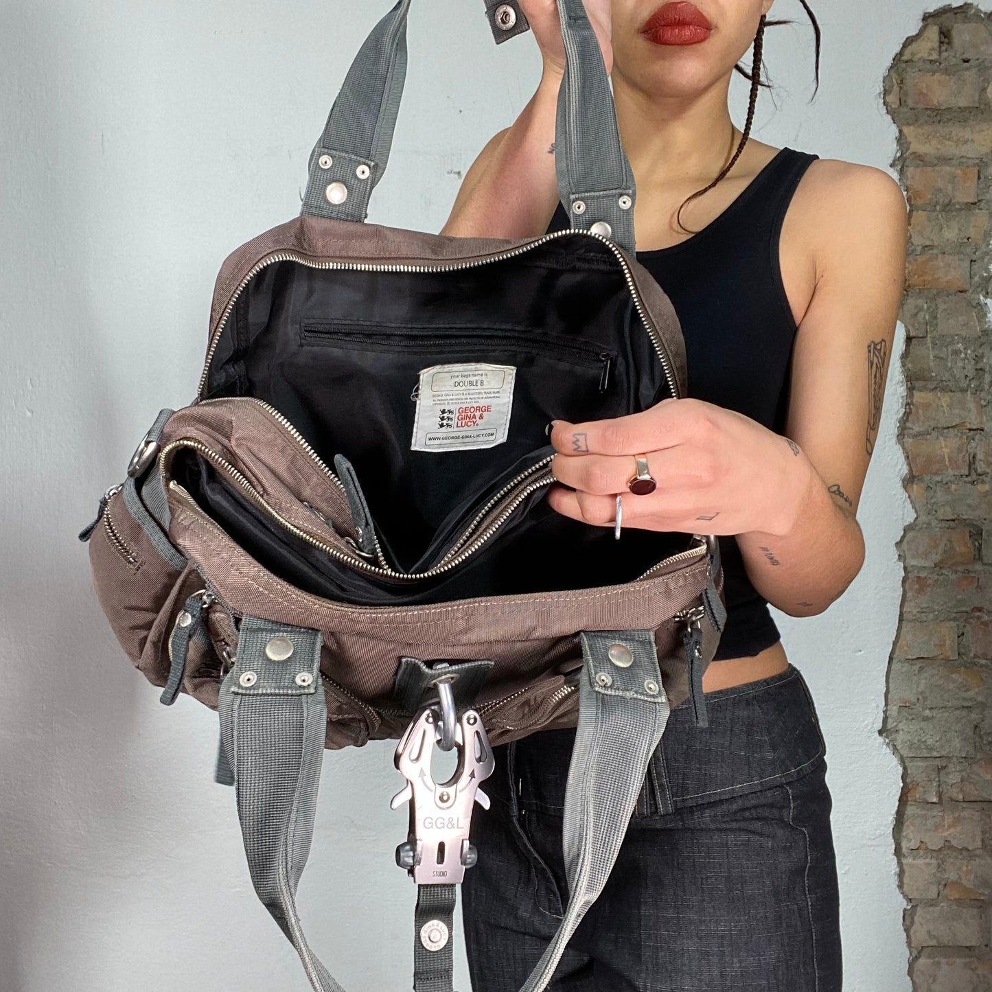 Vintage 2000's George Gina & Lucy Brown Bowling Bag with Grey Straps and Details