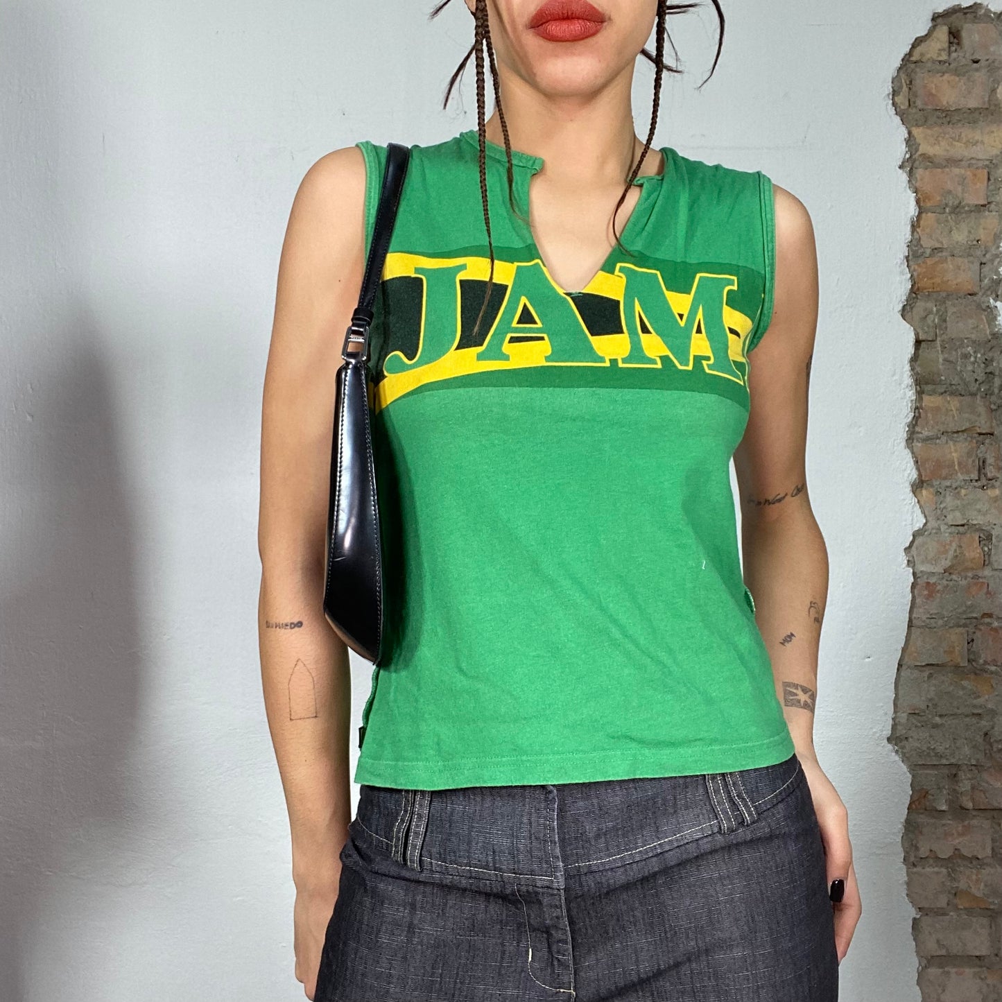 Vintage 2000's Sporty Green High Neck Tank Top with 'Jamaica' Print (S/M)