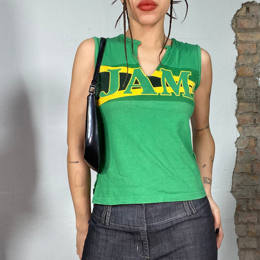 Vintage 2000's Sporty Green High Neck Tank Top with 'Jamaica' Print (S/M)