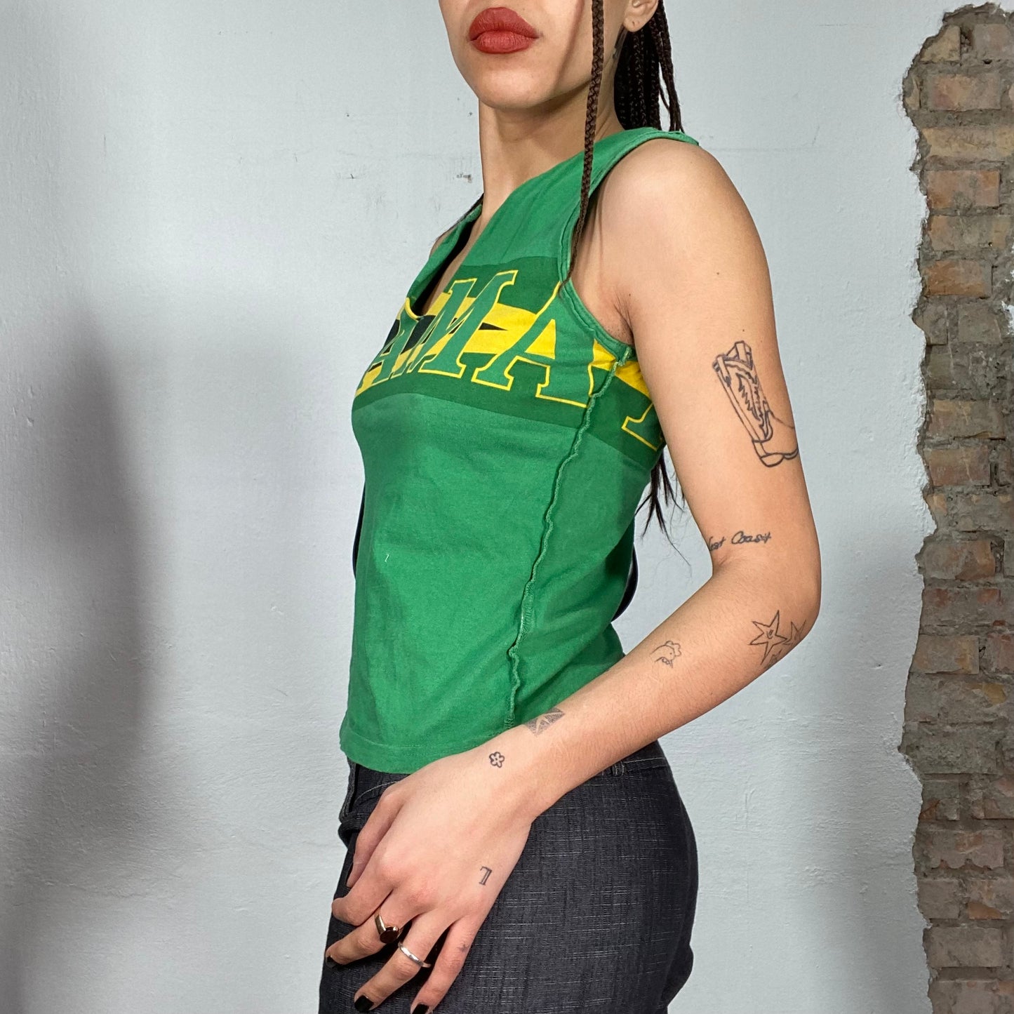 Vintage 2000's Sporty Green High Neck Tank Top with 'Jamaica' Print (S/M)