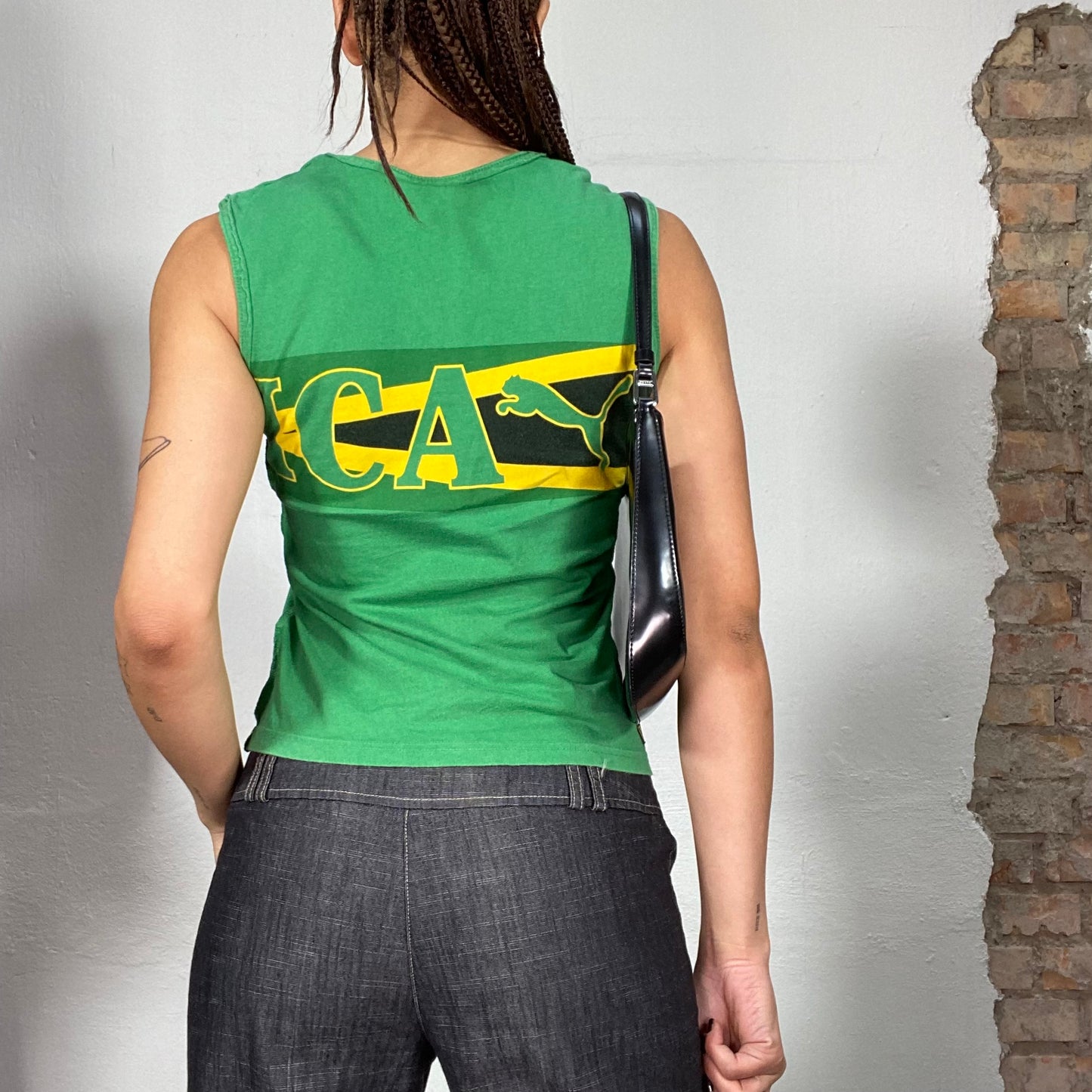 Vintage 2000's Sporty Green High Neck Tank Top with 'Jamaica' Print (S/M)