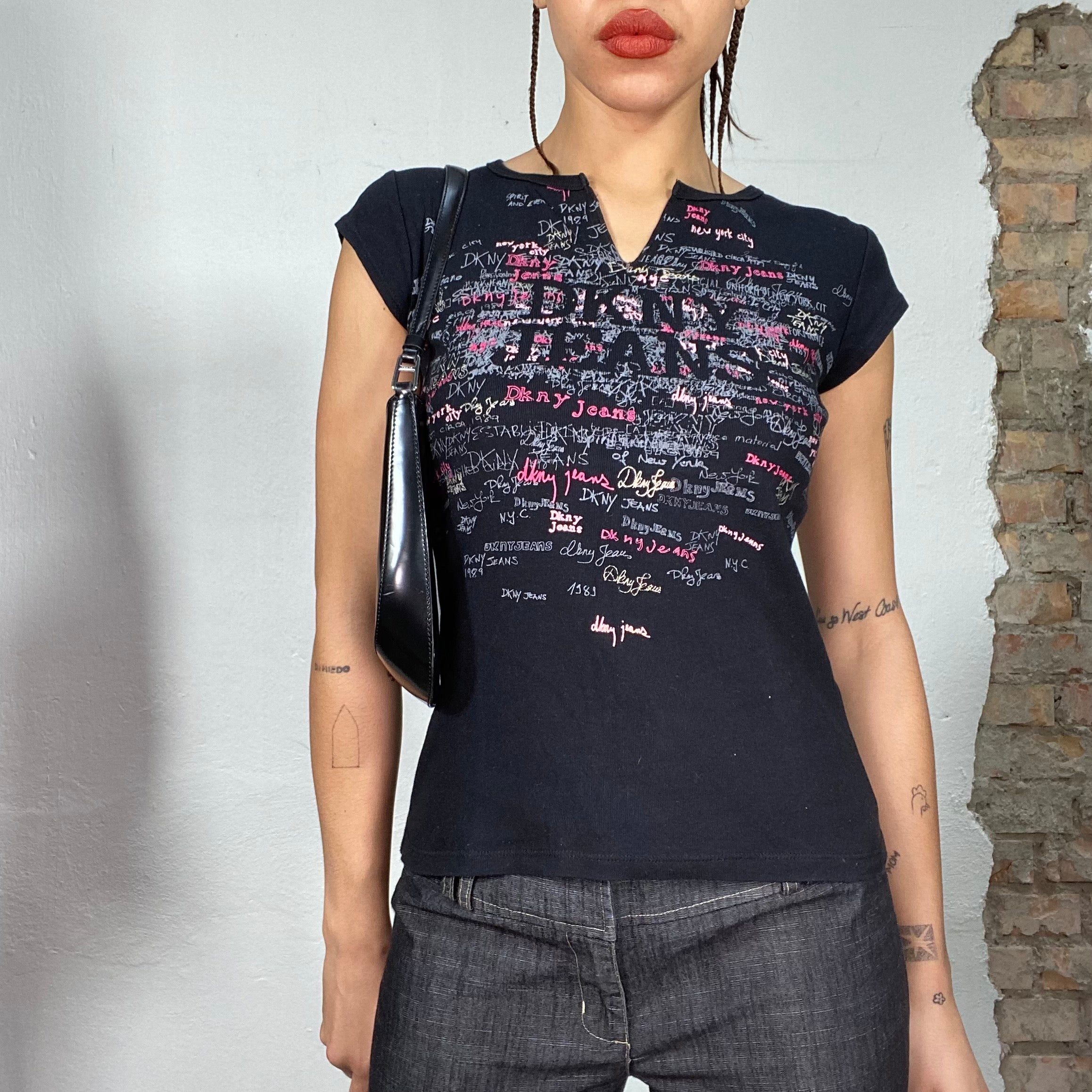 Pull Vintage DKNY Jeans Années 2000 - Gris, Taille M, Léger Et Ajusté, Style Cyber Y2k