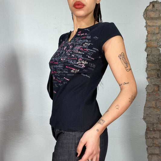 Vintage 2000's DKNY Jeans Black Shirt with Pink Monogram Logo Print (S)